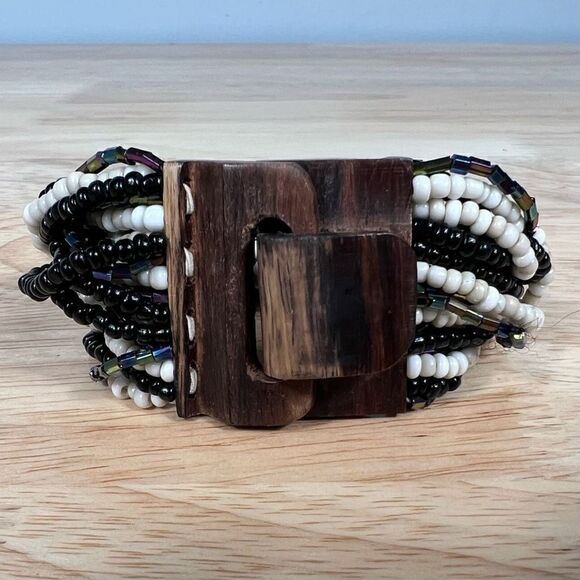 Multi Strand Seed Bead Bracelet, Vintage Wooden Hook Closure - Black, Oil Spill - Picture 1 of 9